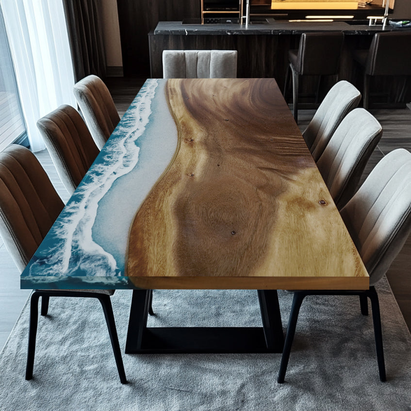 Stunning Custom Epoxy Resin Dining Table with Ocean and Wood Aesthetic