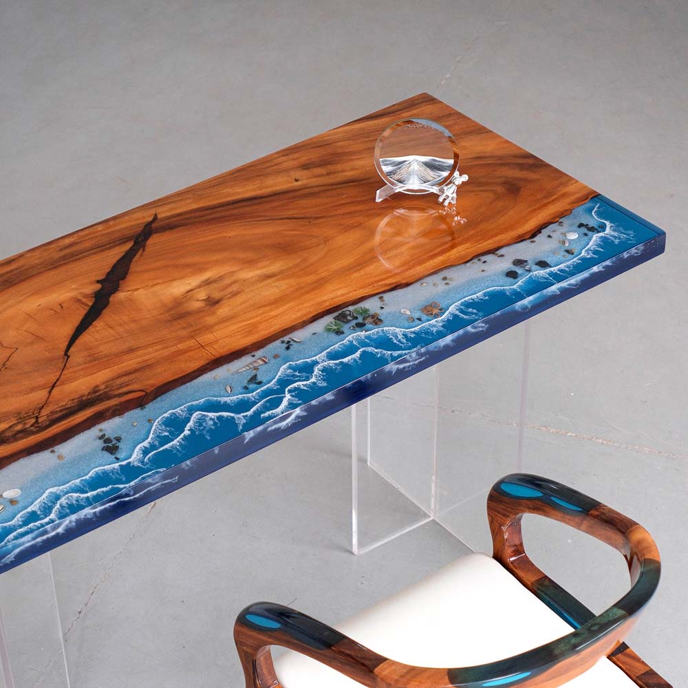 Elite Walnut Wood & Coastal Beach Wave Epoxy Dining Table with Seashells ECT-152