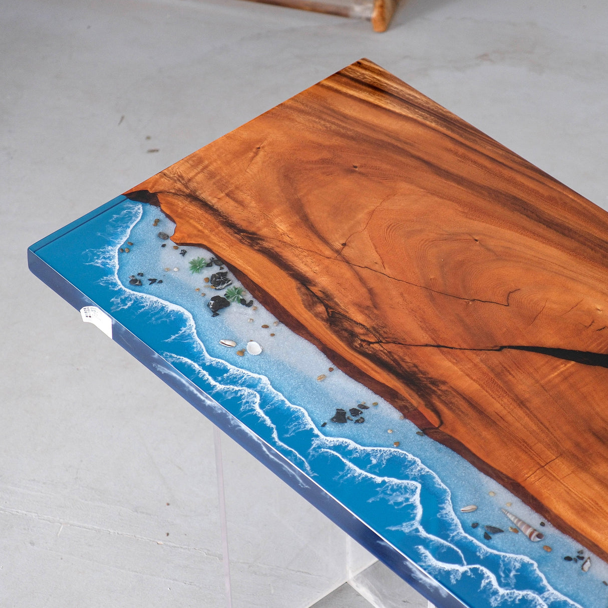 Elite Walnut Wood & Coastal Beach Wave Epoxy Dining Table with Seashells ECT-152