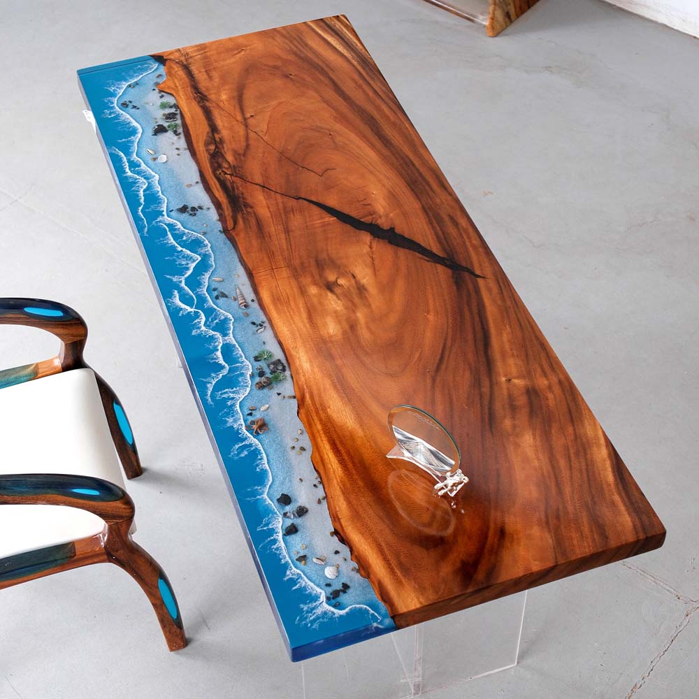 Elite Walnut Wood & Coastal Beach Wave Epoxy Dining Table with Seashells ECT-152