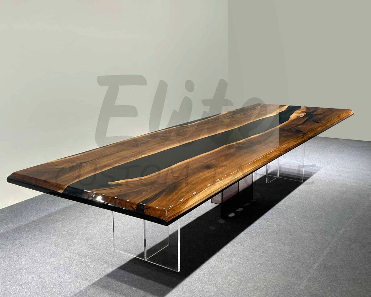 Elite Custom Retangular Black Walnut Wood Black Epoxy Dining & Conference Table ECT-01