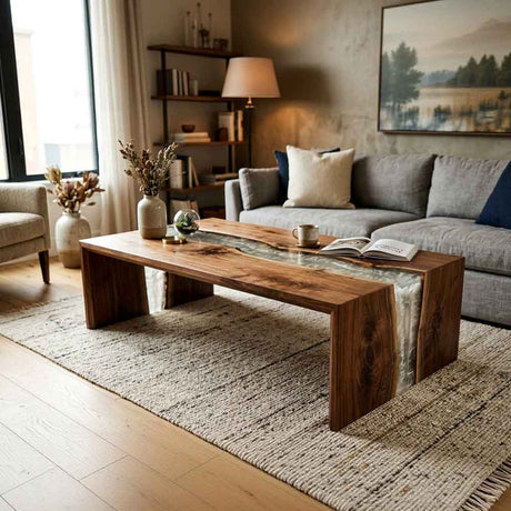Solid wood and resin coffee table with distinctive arched legs and a turquoise accent