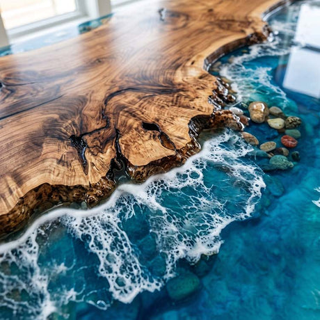 Beach Themed Epoxy Table Walnut Turquoise Shoreline Rectangular Straight Edge Dining Table ECT - 315 - Elitecustomtable