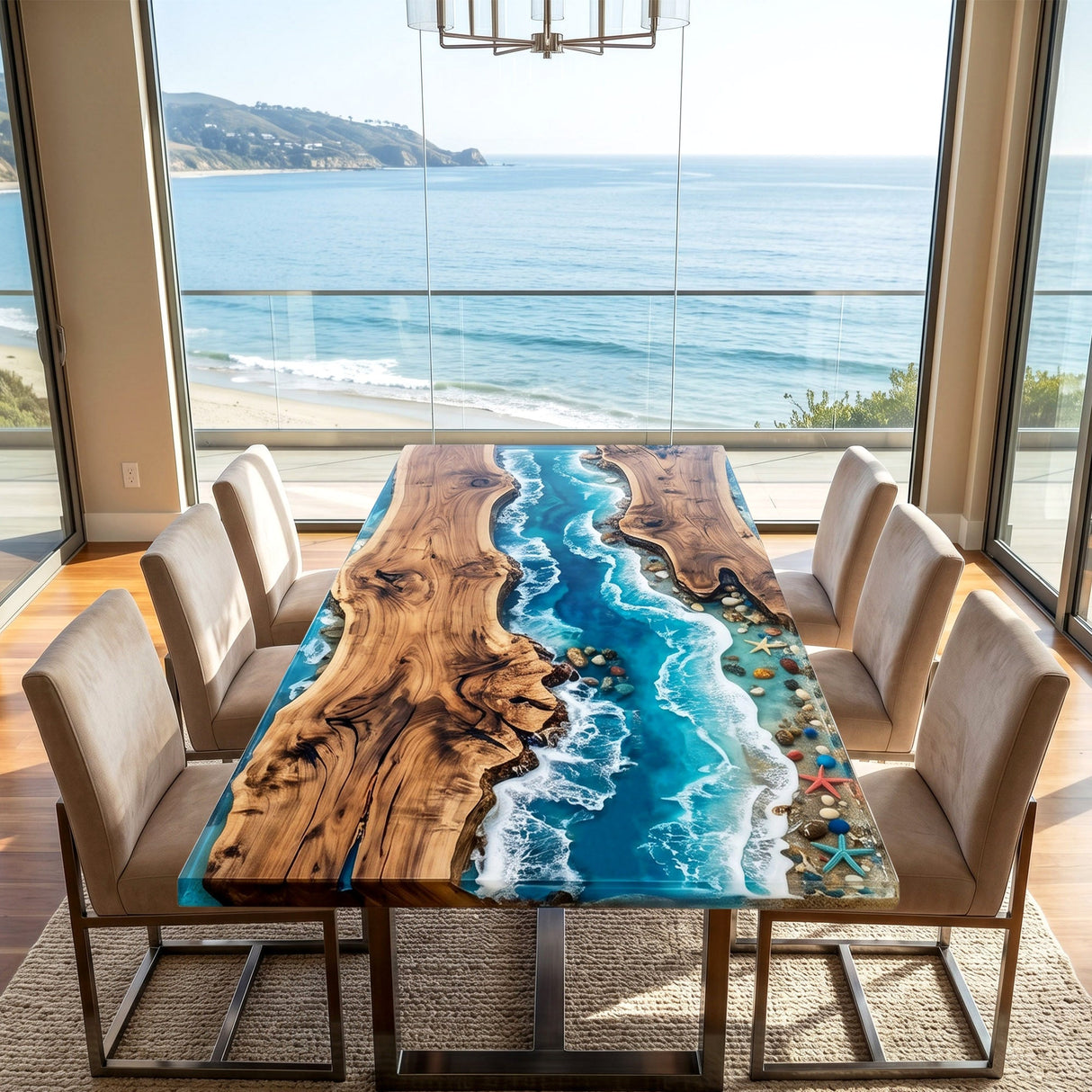 Beach Themed Epoxy Table Walnut Turquoise Shoreline Rectangular Straight Edge Dining Table ECT - 315 - Elitecustomtable