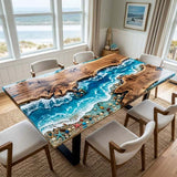 Beach Themed Epoxy Table Walnut Turquoise Shoreline Rectangular Straight Edge Dining Table ECT - 315 - Elitecustomtable