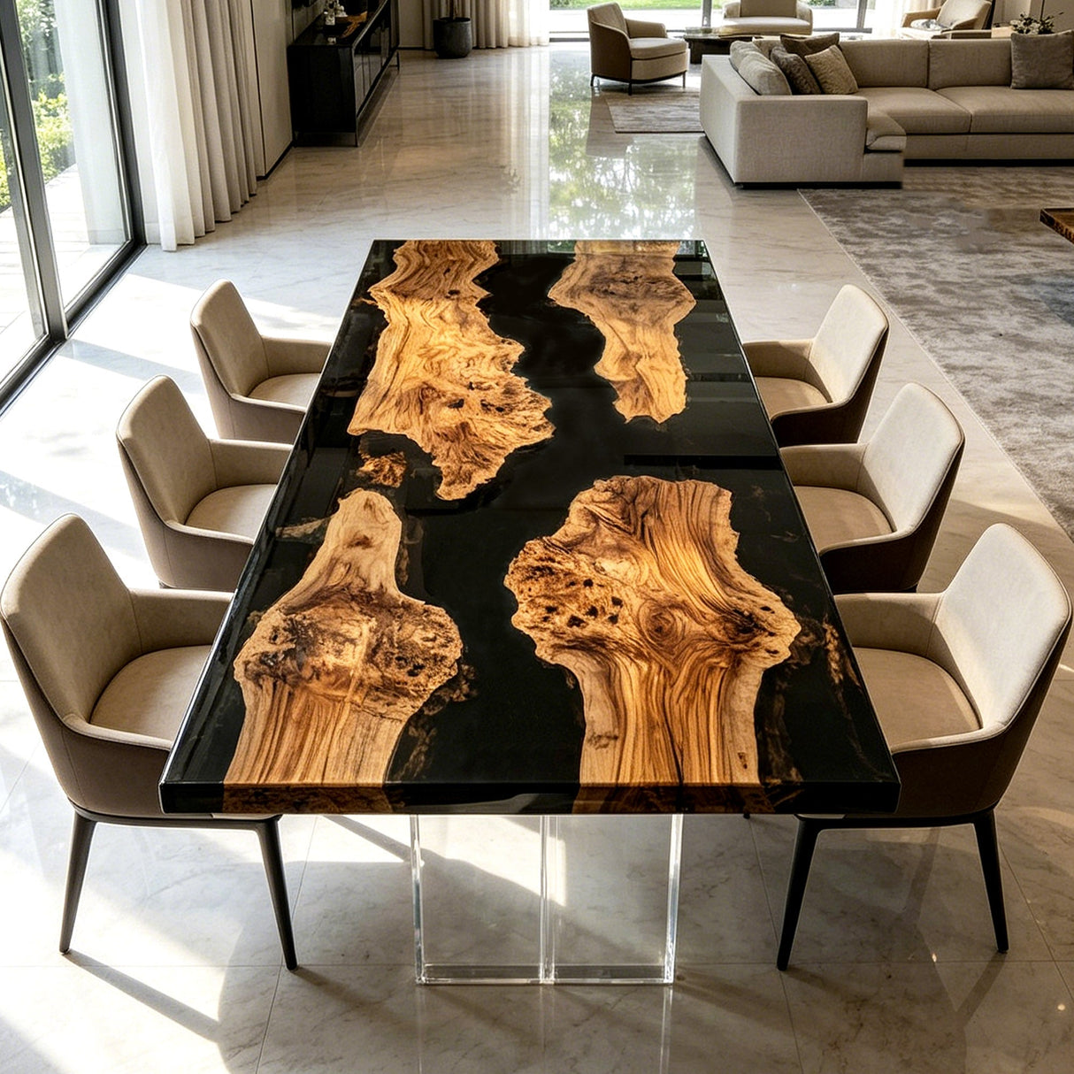 Black Epoxy Table Olive Wood Mirror Black Rectangular Straight Edge Dining Table ECT - 319 - Elitecustomtable