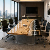 Modern poplar wood meeting table with deep black epoxy resin, realistic white seafoam waves, and a striking coastal-inspired design