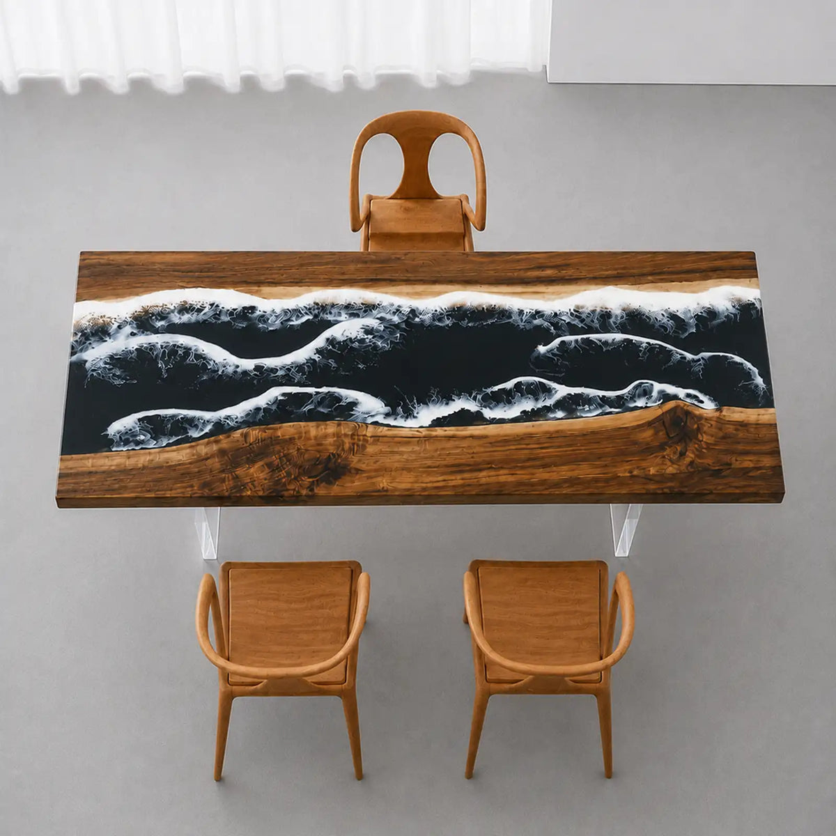 Luxury walnut boardroom table with dramatic black epoxy resin river, realistic white seafoam waves, and natural live edge details