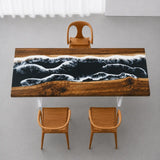 Luxury walnut boardroom table with dramatic black epoxy resin river, realistic white seafoam waves, and natural live edge details