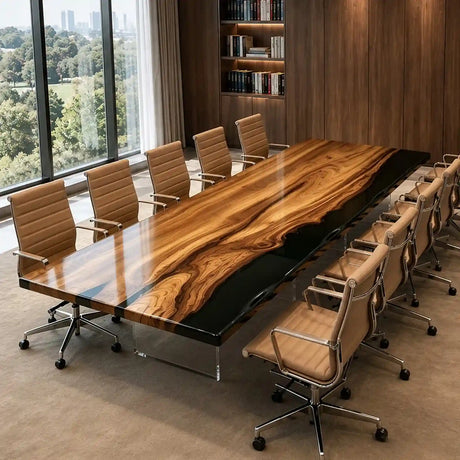 Luxury olive wood boardroom table showcasing rich golden wood tones, an asymmetrical black epoxy resin inlay, and organic live edge details