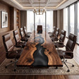 Handcrafted black walnut conference table featuring a flowing black epoxy resin river, rich natural wood grain, and an elegant glossy finish