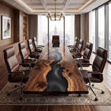 Handcrafted black walnut conference table featuring a flowing black epoxy resin river, rich natural wood grain, and an elegant glossy finish