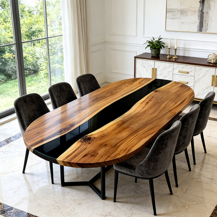 Black Walnut Epoxy Table Walnut Gloss Black Boat-Shaped Straight Edge Dining Table ECT-304
