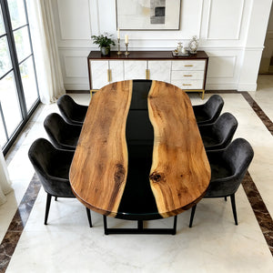 Black Walnut Epoxy Table Walnut Gloss Black Boat - Shaped Straight Edge Dining Table ECT - 304 - Elitecustomtable