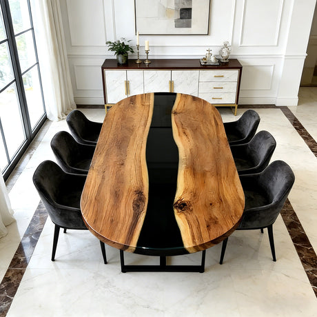 Black Walnut Epoxy Table Walnut Gloss Black Boat - Shaped Straight Edge Dining Table ECT - 304 - Elitecustomtable