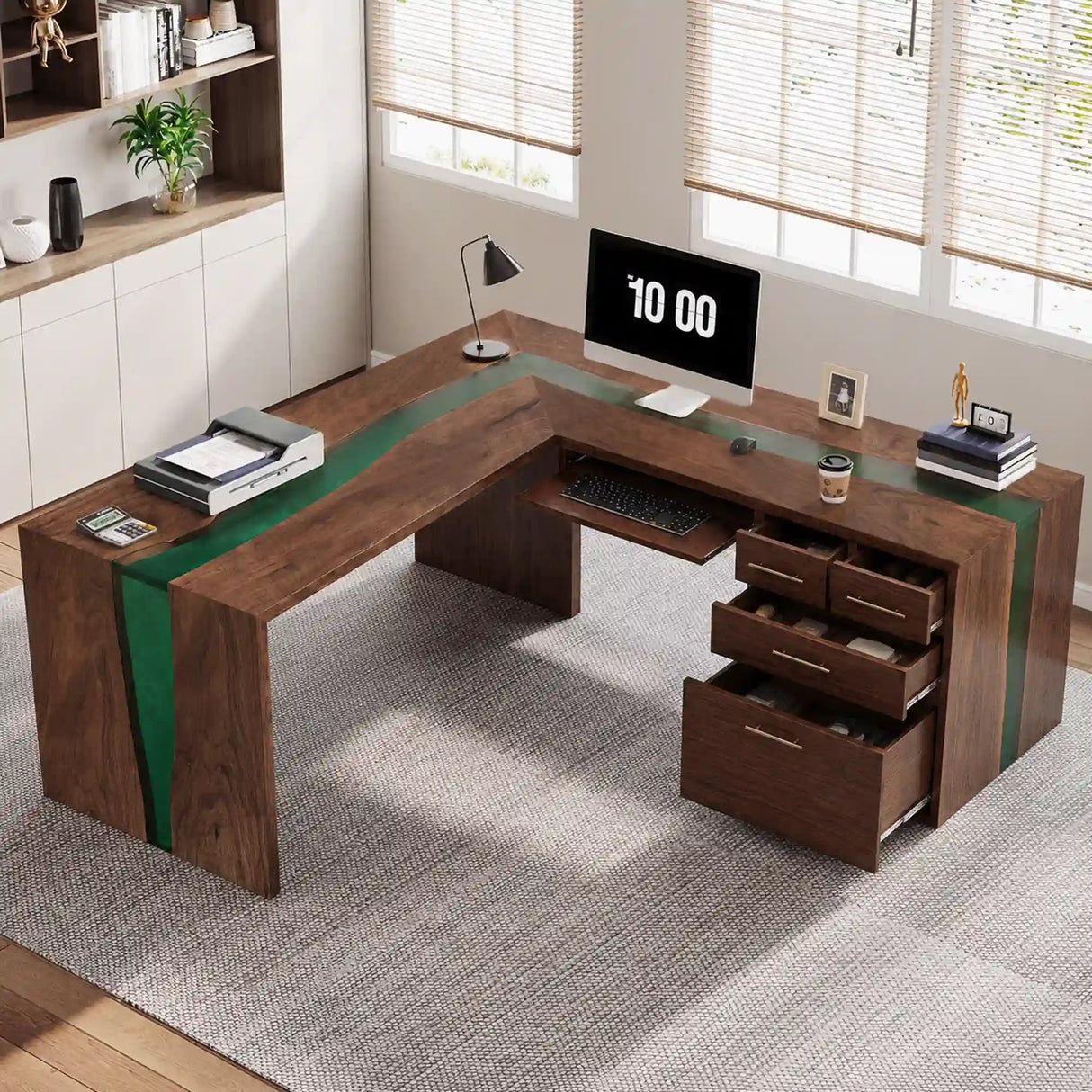 Black Walnut Green Epoxy L-Shaped Executive Office Desk with Storage | ECT-372 - Elitecustomtable