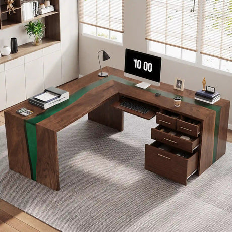 Black Walnut Green Epoxy L-Shaped Executive Office Desk with Storage | ECT-372 - Elitecustomtable
