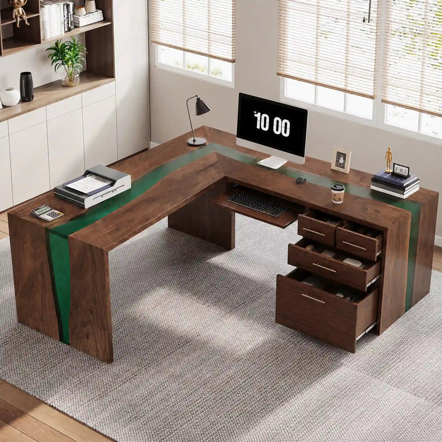 Black Walnut Green Epoxy L-Shaped Executive Office Desk with Storage | ECT-372