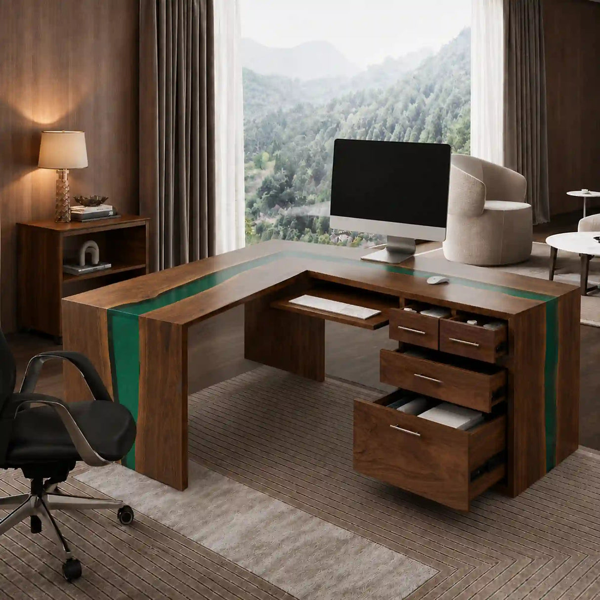 Black Walnut Green Epoxy L-Shaped Executive Office Desk with Storage | ECT-372 - Elitecustomtable