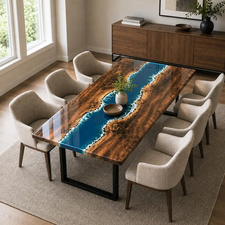 Black Walnut Ocean Wave Epoxy Resin Dining Table | ECT-383 - Elitecustomtable