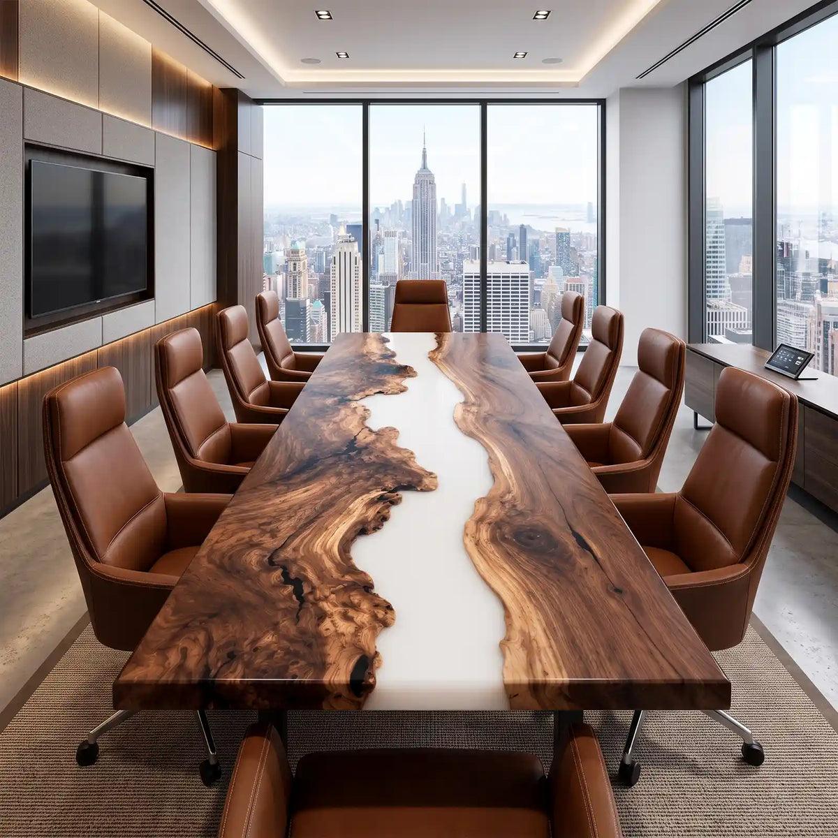 Handcrafted black walnut conference table featuring a smooth white epoxy resin river, rich natural wood grain, and an elegant polished finish