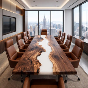 Handcrafted black walnut conference table featuring a smooth white epoxy resin river, rich natural wood grain, and an elegant polished finish