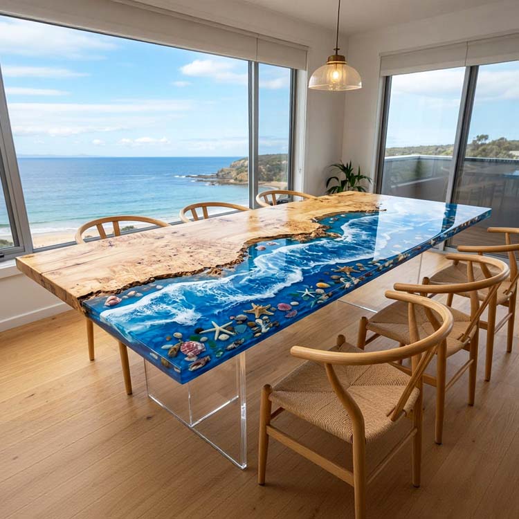 Blue Epoxy Resin Table Poplar Sapphire Blue Rectangular Straight Edge Beach Dining Table ECT-317