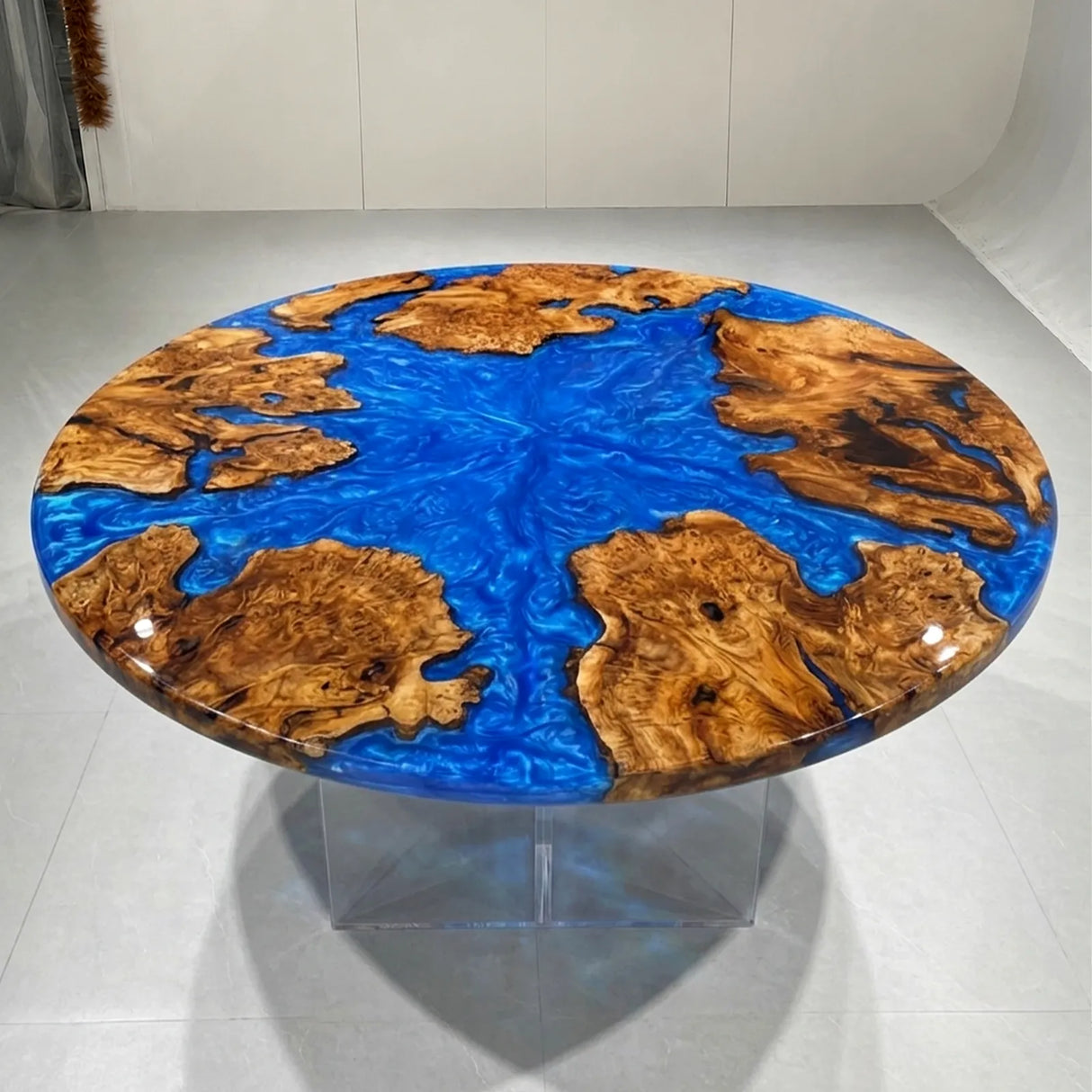 Round Olive Wood Blue Epoxy Resin Dining Table | ECT-380