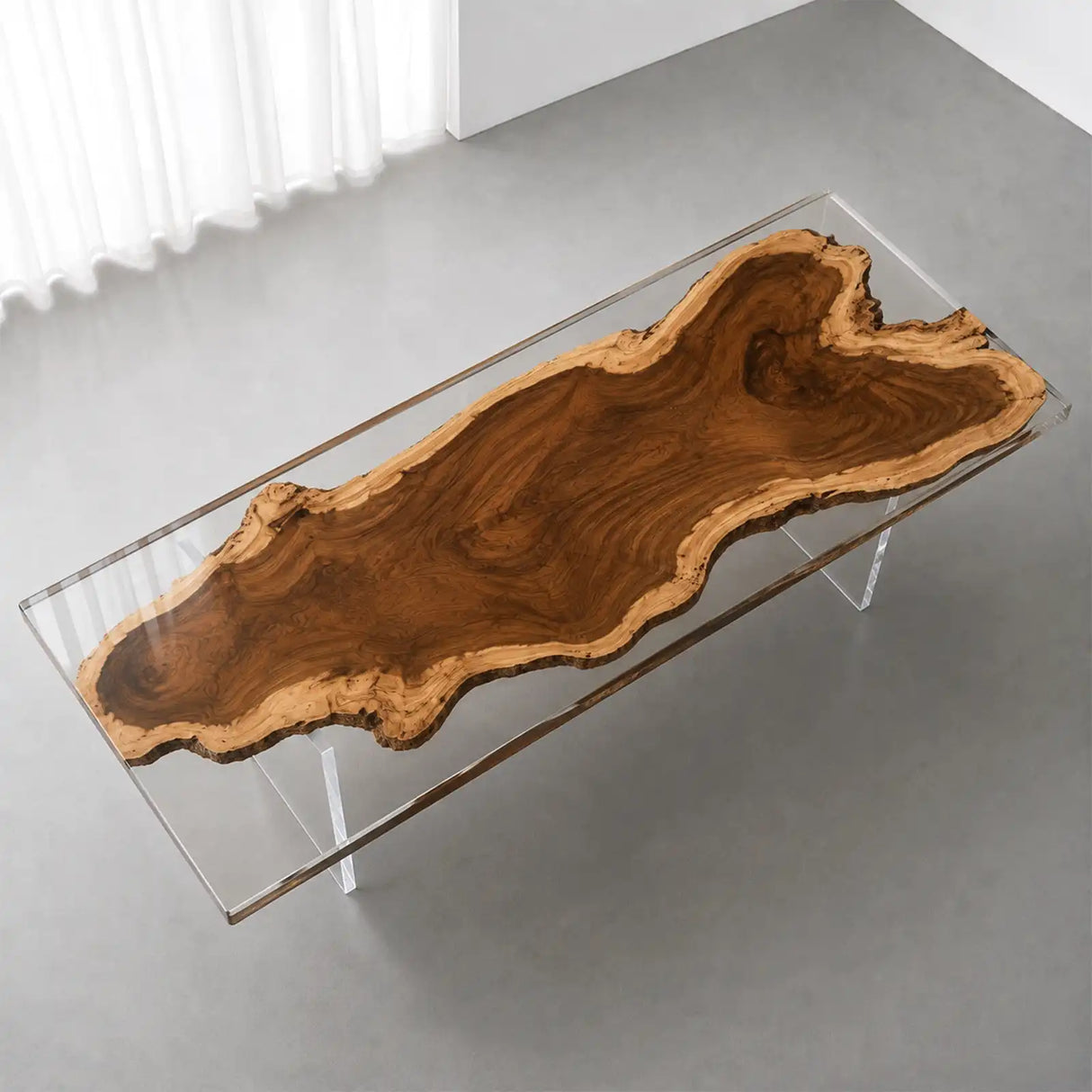 Custom Walnut Office Desk with Crystal Clear Epoxy Resin Straight Edge | ECT-362