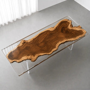 Custom Walnut Office Desk with Crystal Clear Epoxy Resin Straight Edge | ECT-362