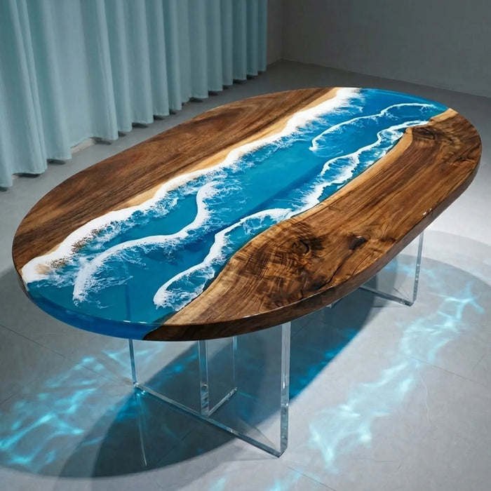Walnut Ocean Wave Epoxy Resin Dining Table | ECT-377