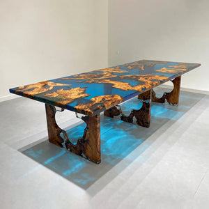 Olive Wood Blue Epoxy Resin Dining Table Straight Edge | ECT-381