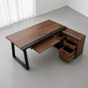 Black Walnut Black Epoxy L-Shaped Executive Office Desk with Storage | ECT-371