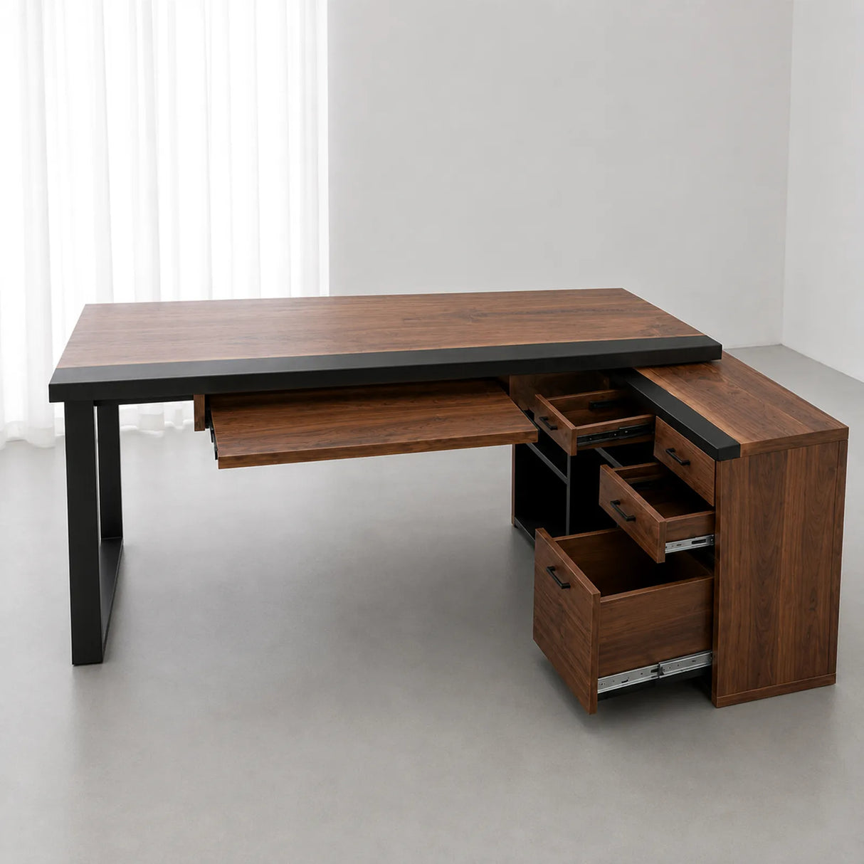 Black Walnut Black Epoxy L-Shaped Executive Office Desk with Storage | ECT-371