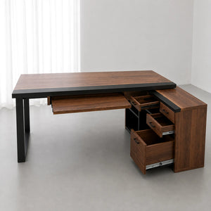 Black Walnut Black Epoxy L-Shaped Executive Office Desk with Storage | ECT-371