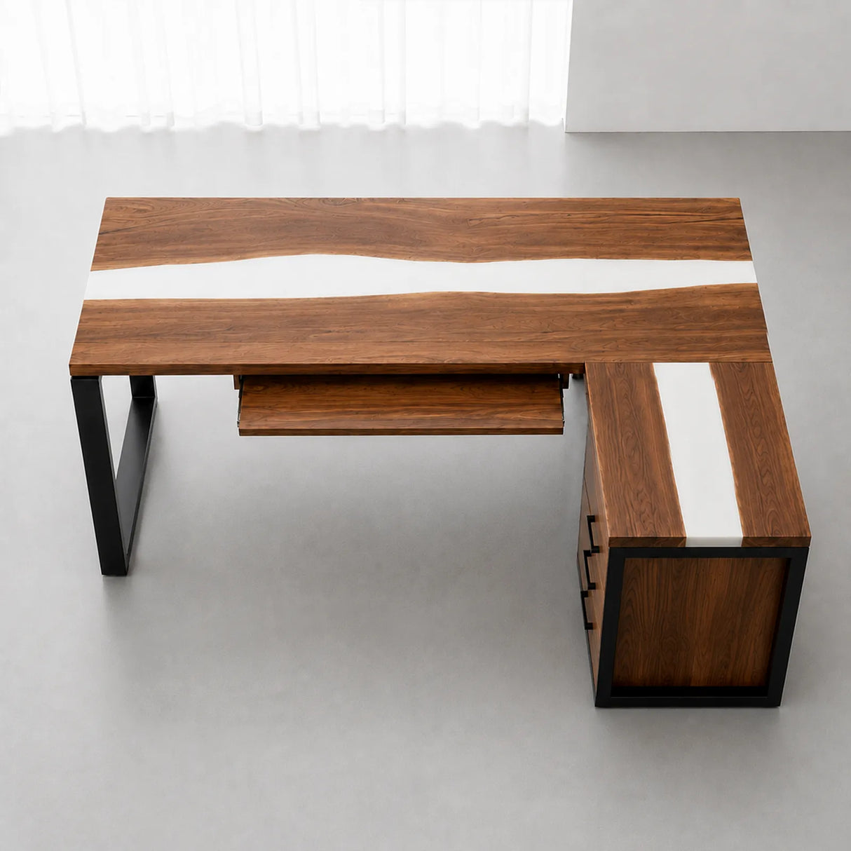 Walnut White Epoxy L-Shaped Executive Office Desk with Storage | ECT-369