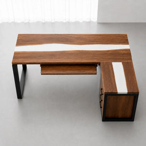 Walnut White Epoxy L-Shaped Executive Office Desk with Storage | ECT-369