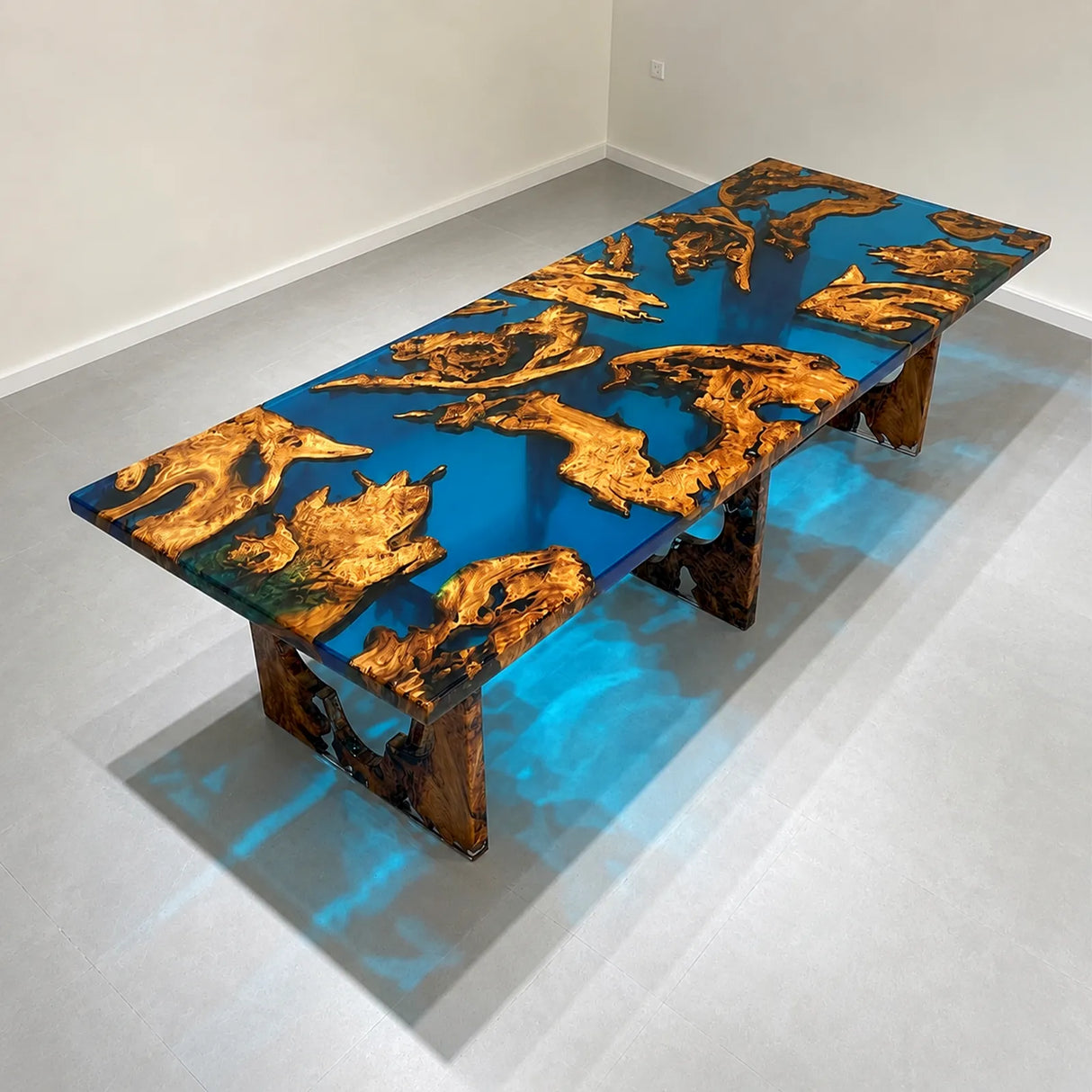 Olive Wood Blue Epoxy Resin Dining Table Straight Edge | ECT-381
