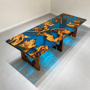 Olive Wood Blue Epoxy Resin Dining Table Straight Edge | ECT-381