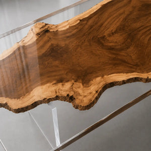 Custom Walnut Office Desk with Crystal Clear Epoxy Resin Straight Edge | ECT-362