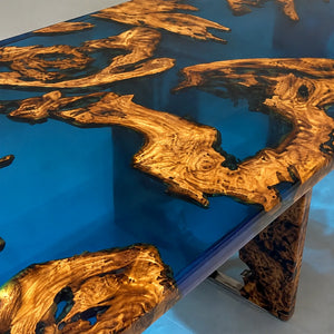 Olive Wood Blue Epoxy Resin Dining Table Straight Edge | ECT-381