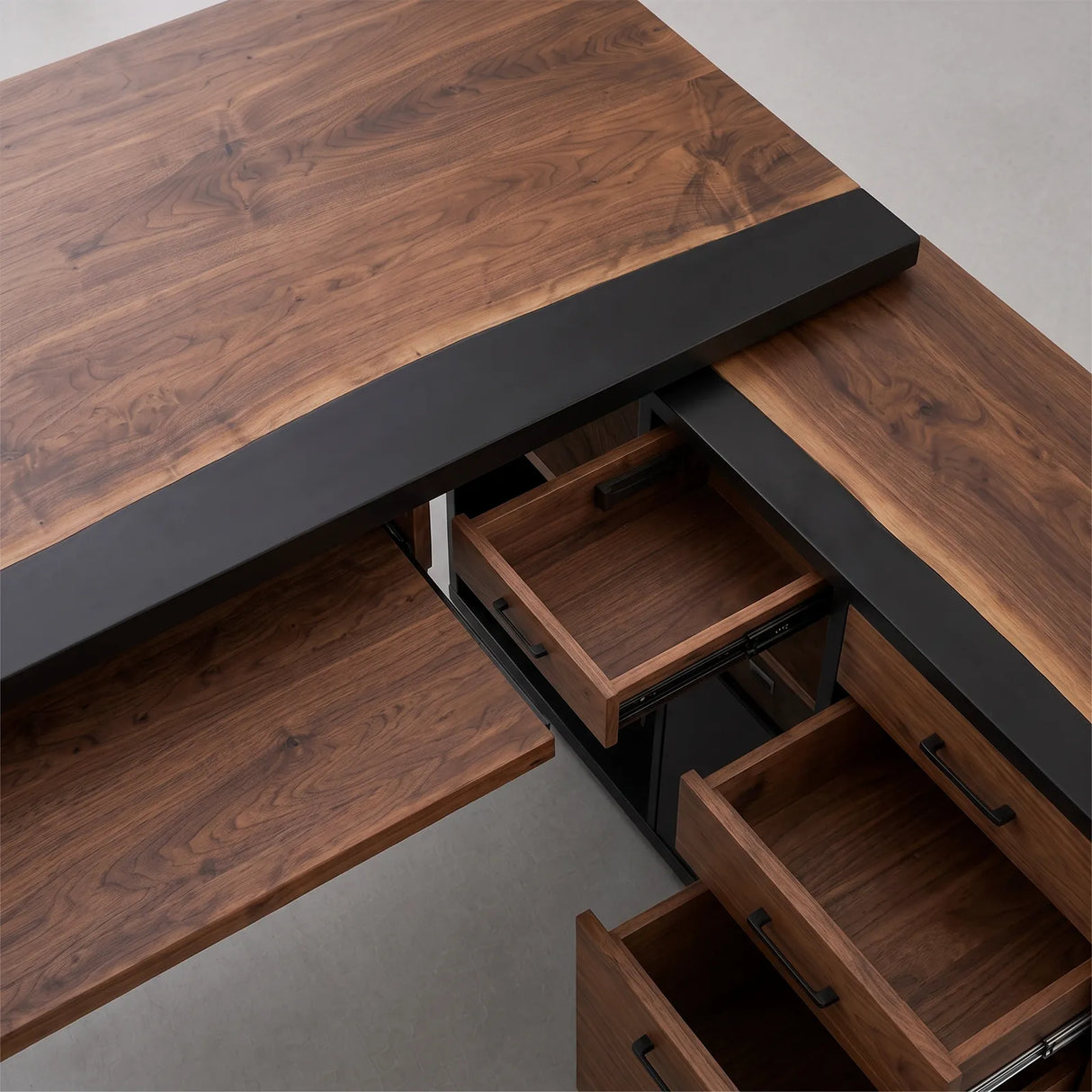 Black Walnut Black Epoxy L-Shaped Executive Office Desk with Storage | ECT-371