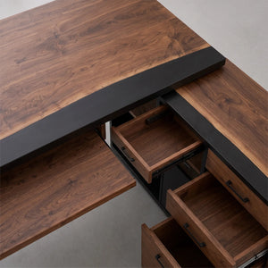 Black Walnut Black Epoxy L-Shaped Executive Office Desk with Storage | ECT-371