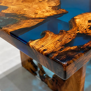 Olive Wood Blue Epoxy Resin Dining Table Straight Edge | ECT-381