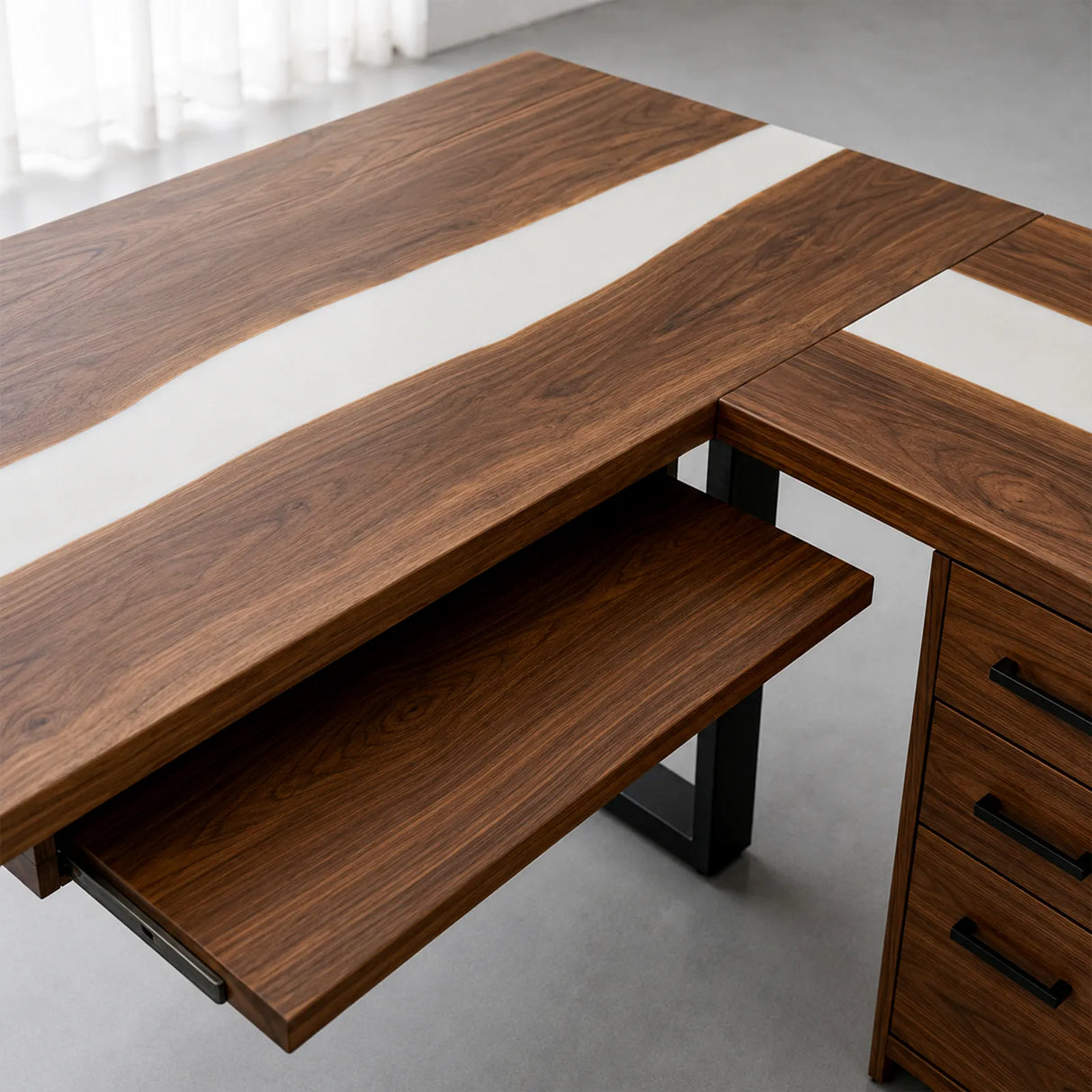 Walnut White Epoxy L-Shaped Executive Office Desk with Storage | ECT-369