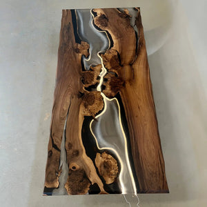 Custom Black Walnut Executive Office Desk with Translucent Black Epoxy Resin and Bevel Edge | ECT-360