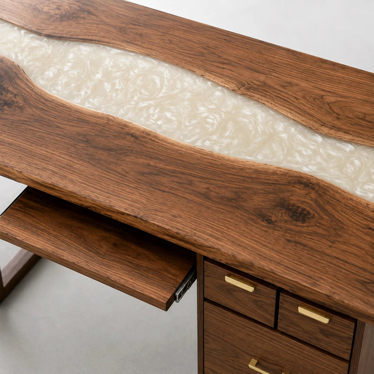 Walnut White Pearl Epoxy Executive Office Desk with Storage | ECT-370