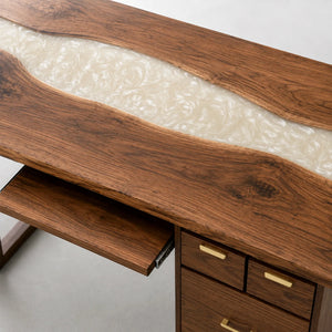 Walnut White Pearl Epoxy Executive Office Desk with Storage | ECT-370