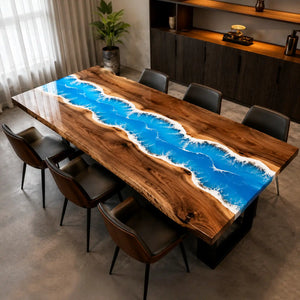 Walnut Ocean Wave Epoxy Resin Dining Table | ECT-374