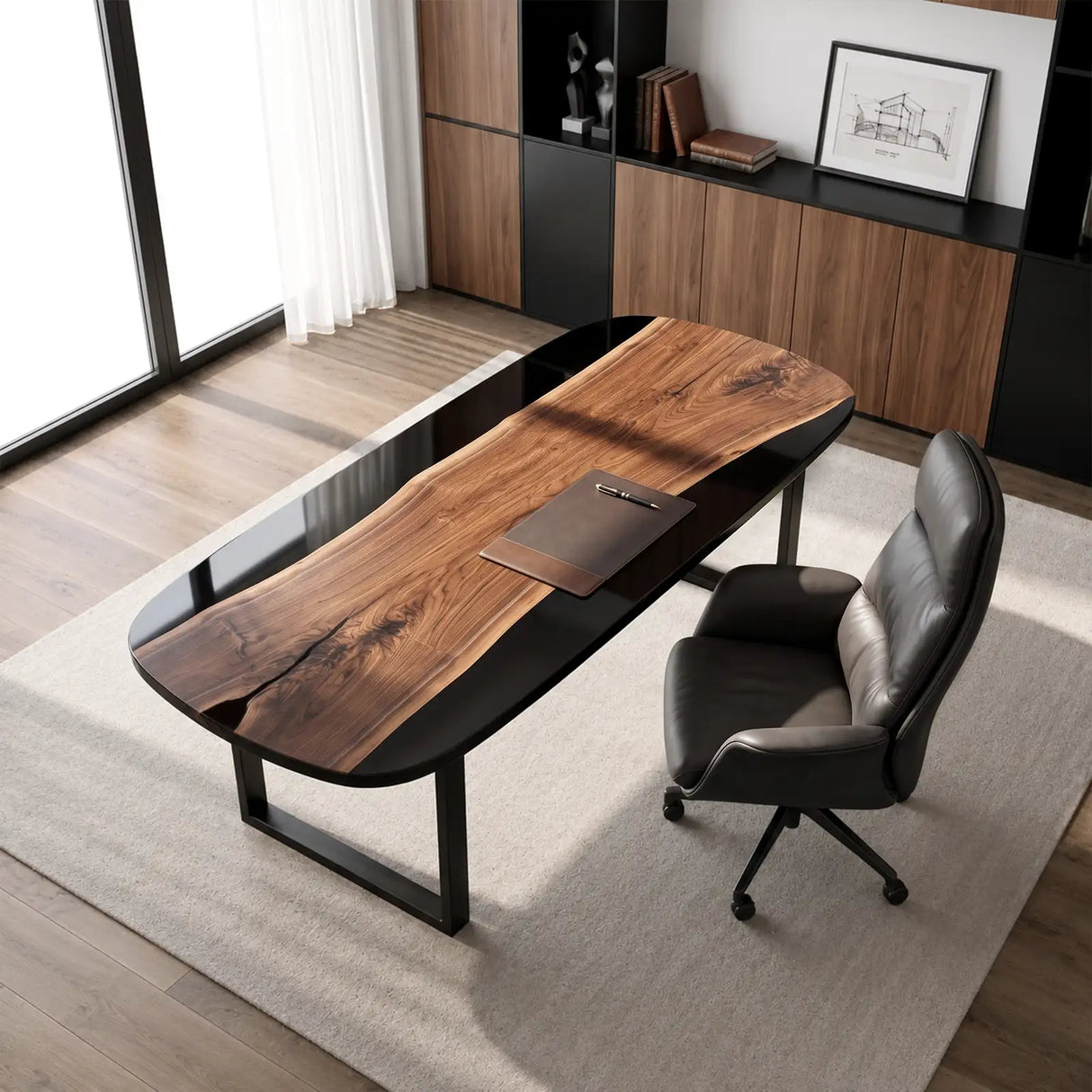 Custom Black Walnut Office Desk with Black Epoxy Resin Straight Edge | ECT-364